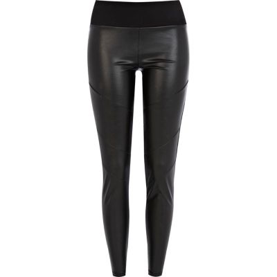 Black leather-look front leggings