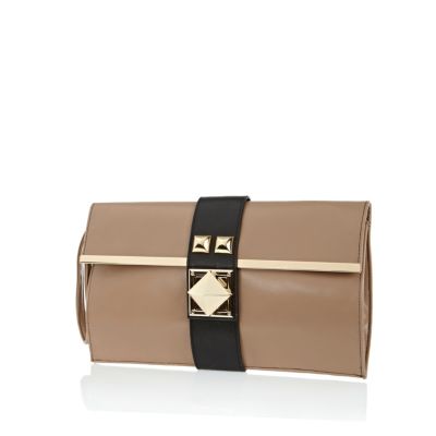 Beige pyramid stud twist lock clutch bag