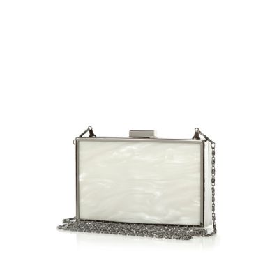 White pearl-effect metal box clutch bag