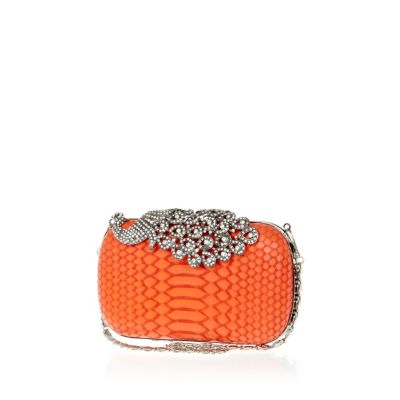Coral diamante peacock box clutch bag