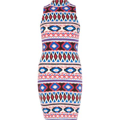 Pink aztec print turtle neck bodycon dress