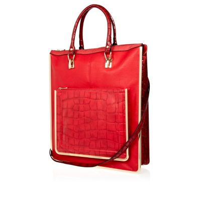 Red metal trim long tote bag