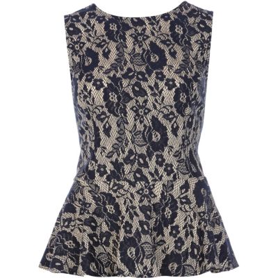 Navy floral lace sleeveless peplum top