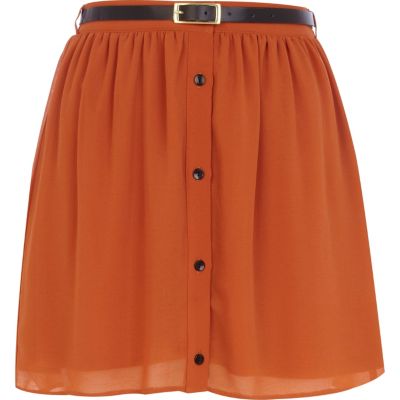 Brown button through belted mini skirt 