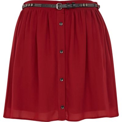Dark red button through belted mini skirt