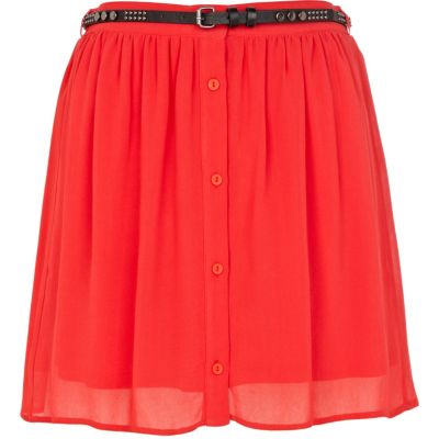 Bright red button through belted mini skirt 