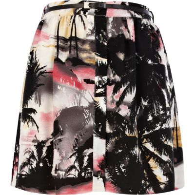 Black tropical print button through skirt