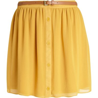 Yellow button through belted mini skirt 
