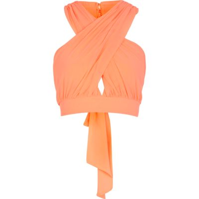 Coral wrapped halter neck crop top