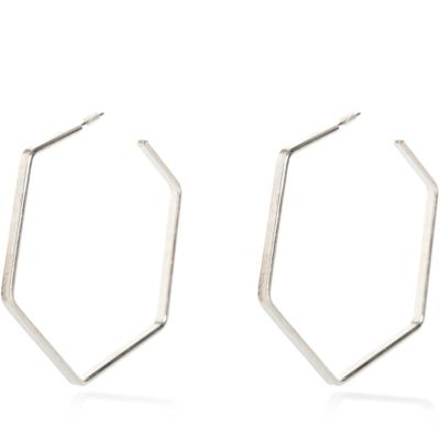 Silver tone hexagon hoop earrings