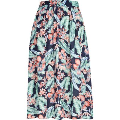 Navy tropical print midi skirt 