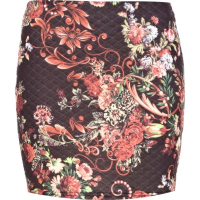 Black quilted oriental print mini skirt 