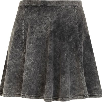 Grey acid wash denim-look skater skirt