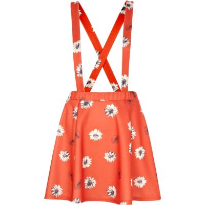 Red daisy print dungaree skater skirt