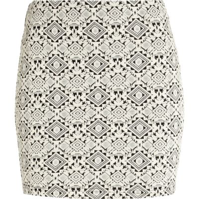 Cream geometric jacquard mini tube skirt