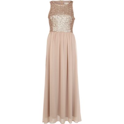 Beige sequin embellished maxi dress
