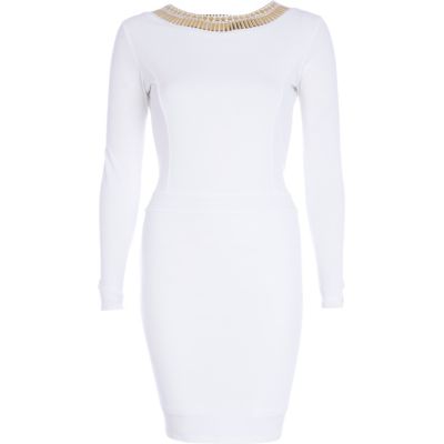 Cream cut out back embellished neck dress