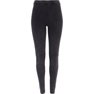 Grey acid wash motorcycle leggings