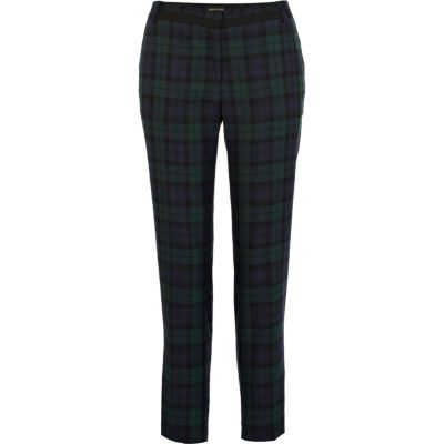 Navy tartan smart cigarette trousers