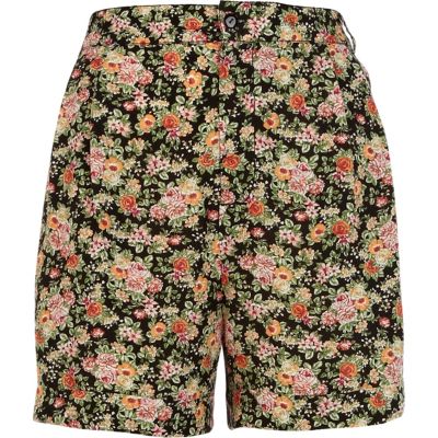 Black floral print high waisted shorts
