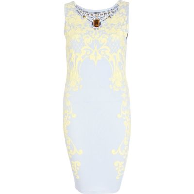 Grey puff necklace print bodycon dress