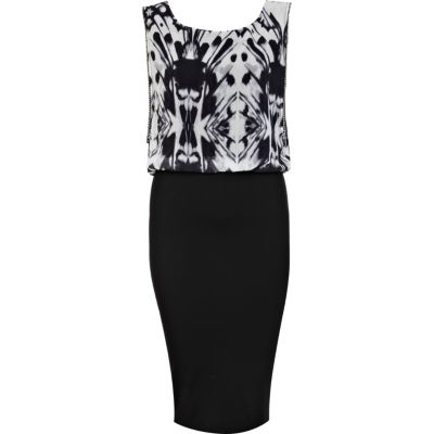 Black abstract print 2 in 1 midi dress