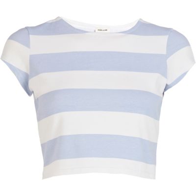 Blue and white stripe cap sleeve crop top