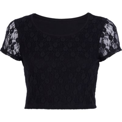 Black lace cap sleeve crop top