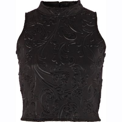 Black embossed pattern turtle neck crop top