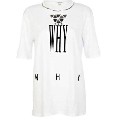 White why print embellished oversized t-shirt