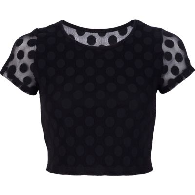 Black mesh polka dot cap sleeve crop top