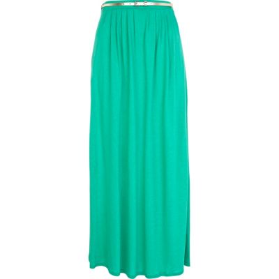 Green jersey belted maxi skirt