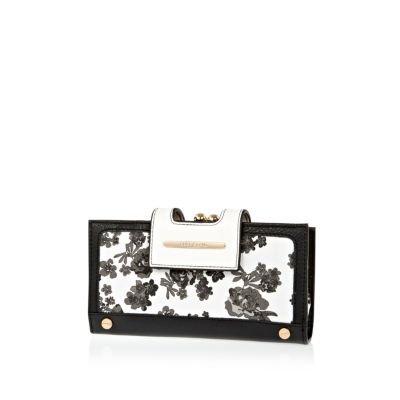 Black floral print clip top purse