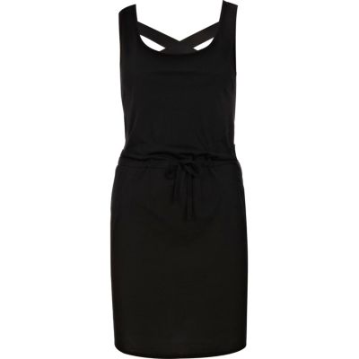 Black cross back tie waist dress
