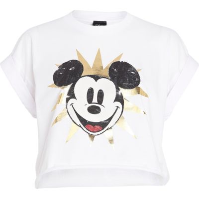 White Mickey Mouse print cropped t-shirt