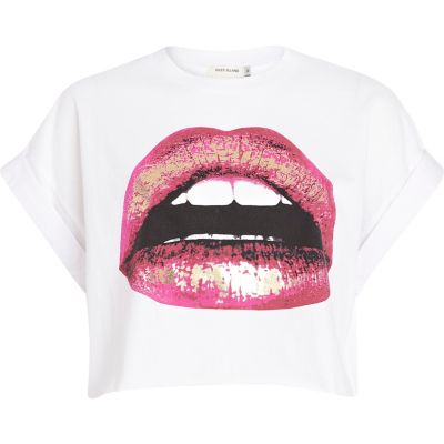 White foil lip print cropped t-shirt 