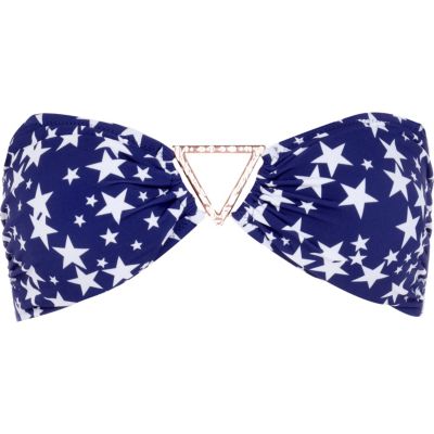 Blue star print triangle bandeau bikini top