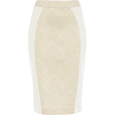 Cream jacquard colour block pencil skirt