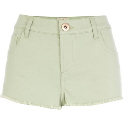 Light green frayed denim shorts 