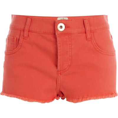 Orange frayed denim shorts 