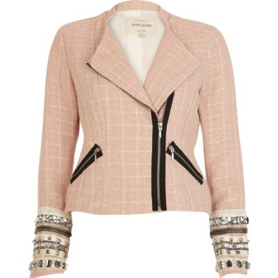 Pink tweed embellished cuff biker jacket