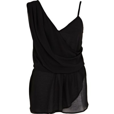 Black asymmetric sleeveless wrap top