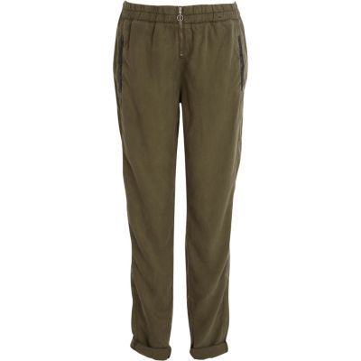 Khaki zip front turn up trousers