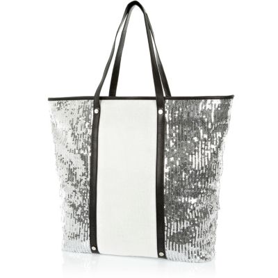 White sequin panel tote bag 