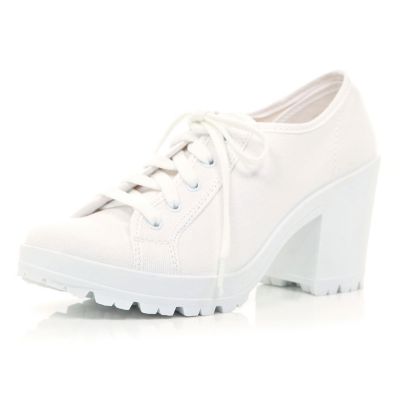 White canvas block heel trainers 