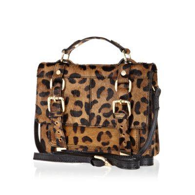 Brown leopard leather and pony skin satchel