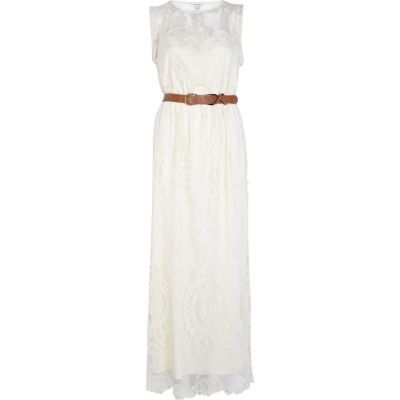 Cream lace belted sleeveless maxi dress