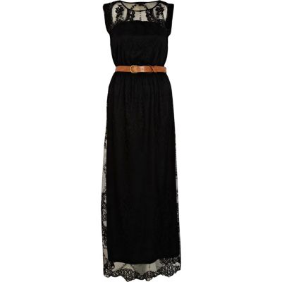 Black lace belted sleeveless maxi dress