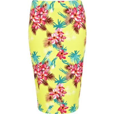 Yellow tropical print tube skirt