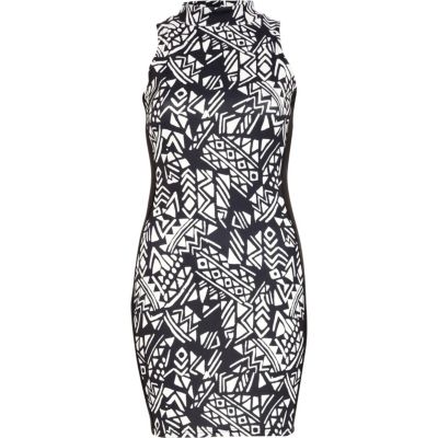 Black textured print turtle neck dress